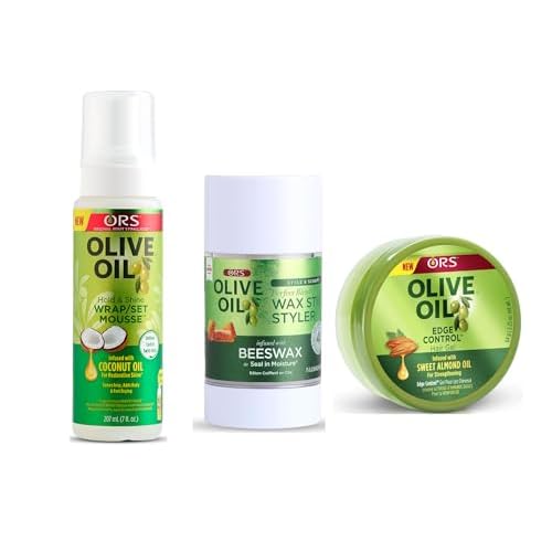 ORS Olive Oil Hold & Shine Wrap Set Mousse - Style & Sculpt Perfect Blend Wax Stick Styler Olive Oil Edge Control Hair Gel - Bundle