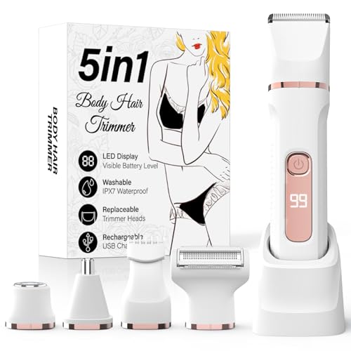 Bikini Trimmer for Women,5-in-1 Electric Razors for Women,Electric Shaver for Women's,IPX7 Waterproof Trimmer for Men Legs,with 5 Replaceable Blade Heads,USB Recharge Dock£¨White£©