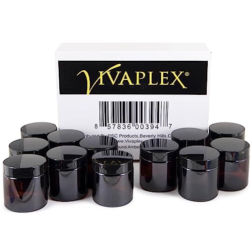 Vivaplex, 12, Amber, 4 oz, Round Glass Jars, with Inner Liners and black Lids (Pack of 2)
