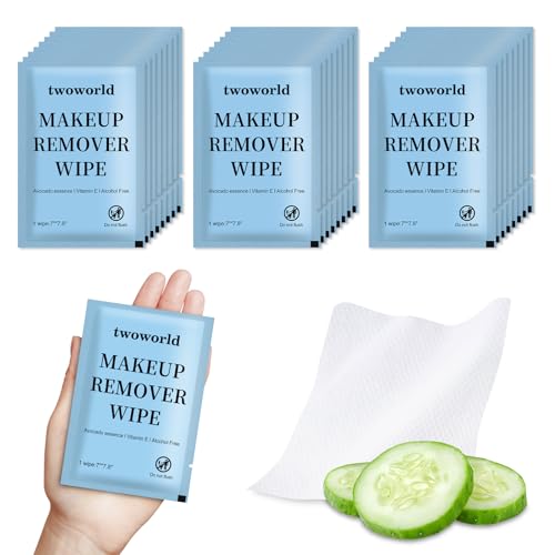 Twoworld Makeup Remover Wipes Bulk Individually Wrapped,Travel Makeup Wipes Gentle for Face Cleansing Mascara Lipstick Travel Hotel(Cucumber,Pack of 50)