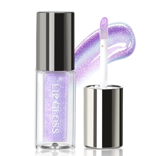 Chameleon Glitter Lip Gloss Hydration Plumping Liquid Lipstick for Women, Holographic Color Shifting Moisturizing Lips Stain Oil, Natural Long Wear Nourishing Shimmer Matte Nude Lips Makeup #01 Purple