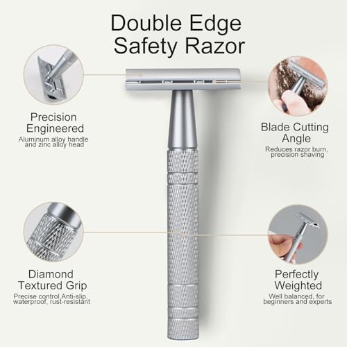 BULIMICA Matte Silver Safety Razor Kit, Includes 1 Safety Razor with 10 Blades and 1 Razor Blade Bank with 30 Blades