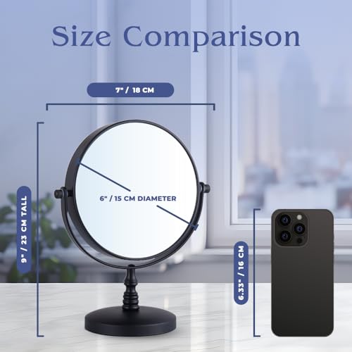 15X Magnifying Tabletop Mirror on Stand - Dual Sided 15x and 1x Cosmetic Mirror for Desk, Dressing Table, Bathroom Countertop - 6" Wide & 9" Tall (Black)