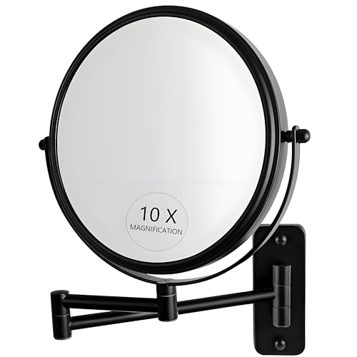 JANEEVA 8" Wall Mounted Makeup Mirror, 1X/10X Magnifying Mirror with 360¡Æ Extendable Arm, Double Sided Bathroom Vanity Mirror for Man & Woman (Matte Black)