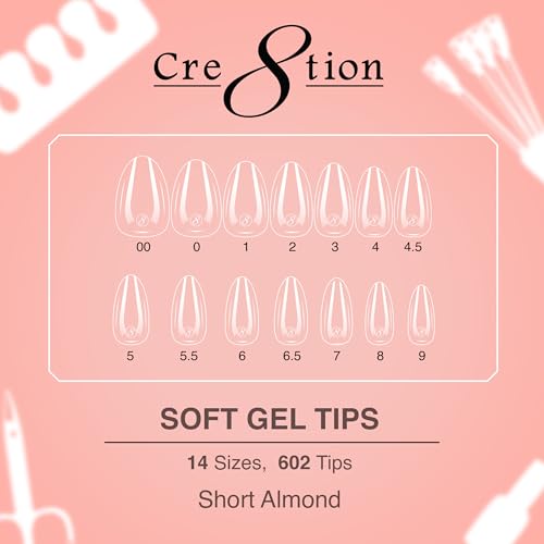 Cre8tion Soft Gel Nail Tips, Short Almond Shape, 602 Tips in 14 Sizes (00-9) for Professional Nail Extensions