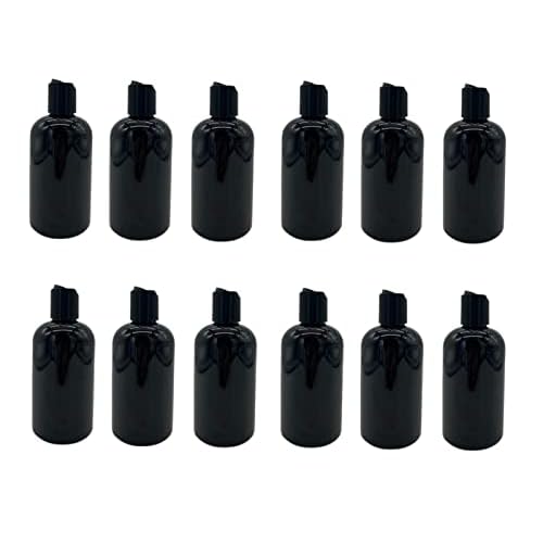 Natural Farms 8 oz Black Boston Plastic Bottles -12 Pack Empty Bottle Refillable - BPA Free - Essential Oils - Aromatherapy | Black Press Down Disc Cap - Made in the USA