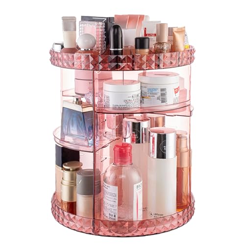 V-HANVER 360 Rotating Makeup Organizer Perfume Organizer Pink Cosmetic Storage Display Case Large Capacity Acrylic Beauty Holder Adjustable Partition Height for Bedroom Dresser or Bathroom Vanity