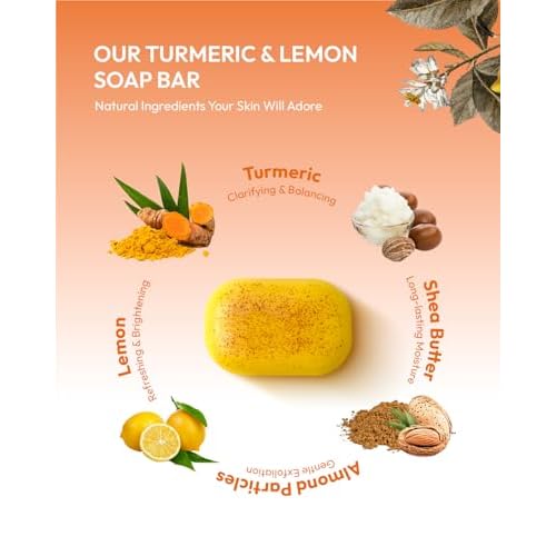Lemon Turmeric Kojic Acid Soap ? Exfoliating Soap with Almond Particles for Dark Spots, Vitamin C and Extra Shea Butter, Gentle Brightening & Moisturizing for Face and Body ? 105g x4 Bars