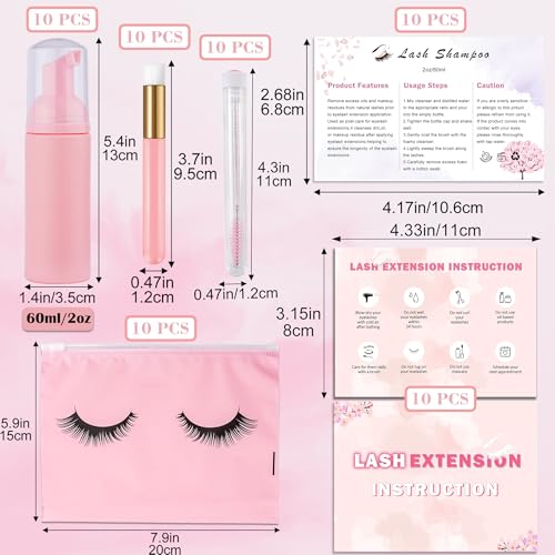 60pcs Lash Extension Cleaning Kit for Clients,10pcs Lash Brushes,10pcs Eyelash Brush with Tubes,10pcs Lash Bottles,10pcs Eyelash Bags,10pcs Lash Shampoo Stickers,10pcs Instruction Card (Pink 2)