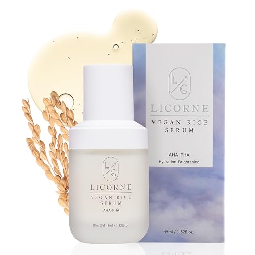 LICORNE Vegan Rice Bran Serum, Daily Resurfacing Face Serum for Glass Skin, AHA/PHA & Rice Water Extract for Rough Texture & Pores, Gentle Exfoliating & Brightening Essence, Large 1.52 fl oz
