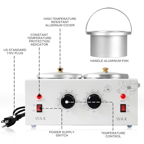 1.2L Double Portable Wax Warmer Machine for Painless Hair Removal, Women Men Professional Wax Heater with Adjustable Temperature Set, 40pcs Sticks