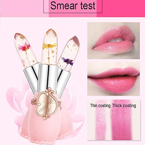 3Pcs Crystal Flower Jelly Lipstick Set,Magic Temperature Color Change Lip Gloss Long Lasting Clear Nutritious Moisturizer Lip Balm (Pink) (flower lipstick)