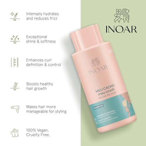 INOAR Meu Cacho Meu Crush Shampoo with Plant-Based Collagen & Vitamin E for Curly Hair Hydration & Definition, 16.9 fl.oz