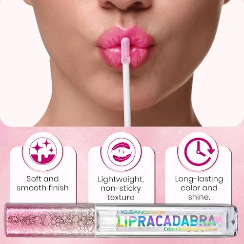 Kleancolor Lipracadabra Color Changing Lip Gloss 2 Pack ? pH Activated Clear Gloss Reveals a Custom Pink Tint ? Lightweight, Non-Sticky Shine ? Candy Scented (2 Pack)