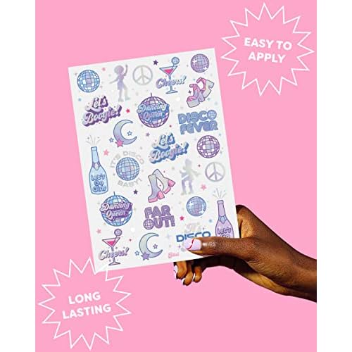 xo, Fetti Disco Birthday Party Temporary Tattoos - 48 Iridescent Foil Pcs | Birthday Girl Party Decorations, Dancing Queen, 70s Groovy Party