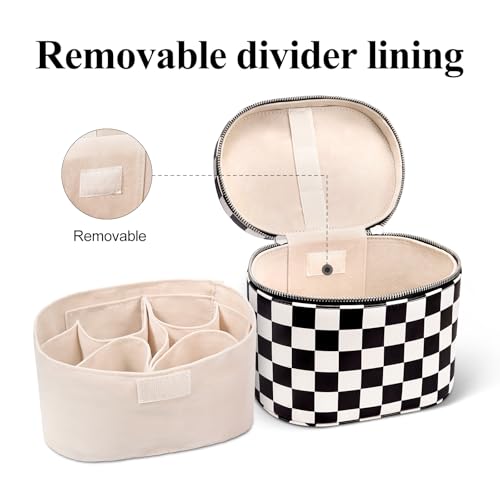 Makeup Bag, Checkered Makeup Bag with Compartments and Handle, Portable Cosmetic Organizer Bags,Toiletry Bag for Women