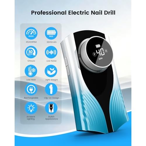 Long-Lasting Nail Drill Professional, 45000 RPM Electric Nail File, 3600mAh Rechargeable Nail Drill Kit with 10+ Hours Use, 45 Speeds for Home Salon,Valentine Gifts for Women