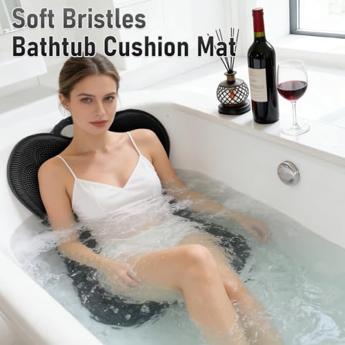 Back Scrubber Shower Bathtub Tub Body Bath Cushion Back Lumbar Support - Silicone Ergonomic Extra Large Thick Soft Seat Paded Non-Slip Suction Cups Relaxing Spa Exfloating Scrubber Mat Black