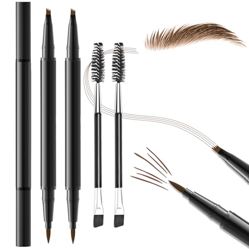 2PCS Microblading Eyebrow Pencil with Brush, 2-In-1 Dual-Ended Waterproof Eyebrow Pen with 4-Fork-Tip & Ultra-Precise-Tip for Hair-Like Natural Eyebrow Makeup, Eye Brow Pencils for Women -Light Brown