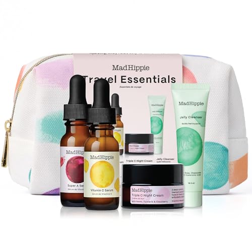 Mad Hippie Travel Essentials ??Vitamin C Serum, Triple C Night Cream, Super A Serum + Jelly Cleanser in a 100% Recycled Toiletries Bag, Cruelty-Free, Skin Care