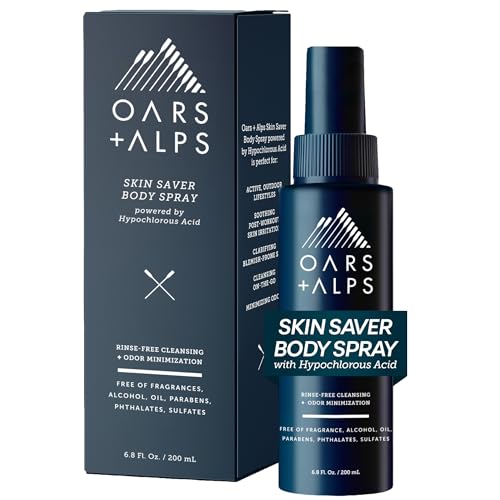 Oars + Alps Skin Saver Body Spray with Hypochlorous Acid, Eliminates Odors, Freshens & Soothes Irritation & Redness, Use After Workouts, Traveling & Post Shave, Safe & Clean Ingredients, 6.8oz