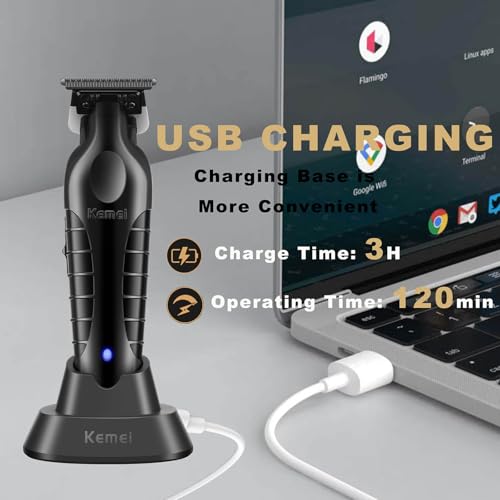 KEMEI 2299 Hair Trimmer for Men with Charging Dock, Professional Cordless T-Blade Clippers for Edging & Lining, Barber Zero Gap Trimmers, USB Rechargeable Kit with Storage Base (Black)
