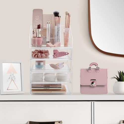 STORi Chloe Stackable Clear Makeup Holder and 4 Drawer Bundle | Organize Cosmetics and Beauty Supplies | Made in USA