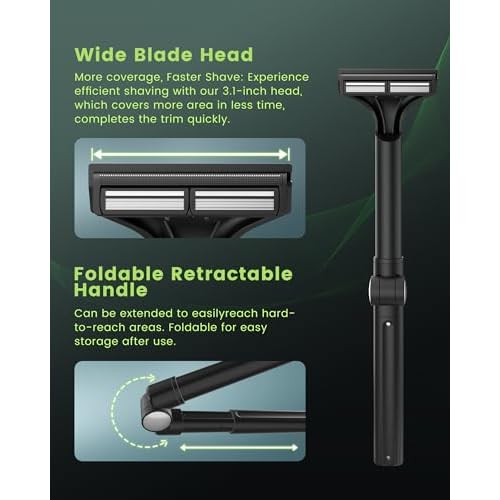 Back Shaver for Men, Manual Body Hair Trimmer with 4 Replaceable Wide Blades, Extendable Long Handle, 180¡Æ Adjustable Arm, Wet & Dry Use
