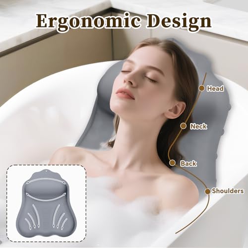Luxury Silicone Bath Pillow for Tub, New Cloud-Soft 4D Air-Cushion Bathtub Pillow for Head and Neck & Back Support, Strong Suction Cups, Waterproof Quick-Dry Bathtub Headrest (Gray)
