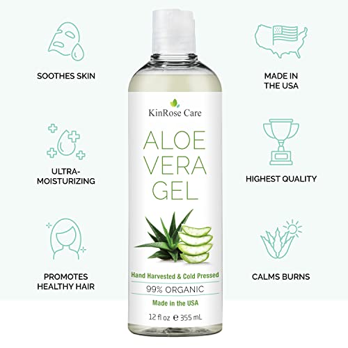 12oz Organic Aloe Vera Gel for Face, Skin, Hair & Sunburn Relief - From 100 Percent Pure Aloe Vera - Cold Pressed, Vegan, Unscented - Made in USA. (Pack of 2)