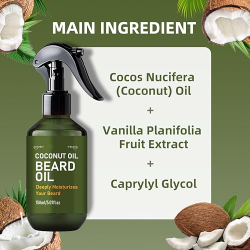 Coconut Oil Beard Spray for Men, 150ml Lightweight Beard Growth Oil with Vanilla Orchid - Fast-Absorbing Leave-In Conditioner to Soften, Moisturize & Tame Facial Hair, Beard Detangler Travel Size