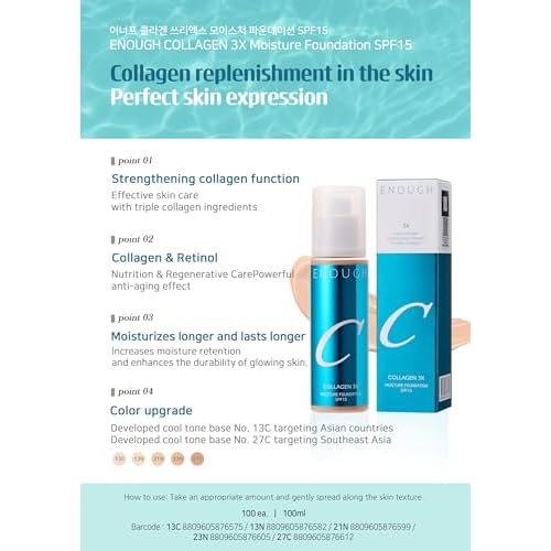 ENOUGH COLLAGEN 3X Moisture Foundation SPF 15, Korean Makeup Full Coverage Tinted Moisturizer, Skin Care Face Sunscreen for Women (#13N Light Beige, 3.38 fl oz / 100ml)