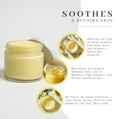 Vanman's - Tallow and Honey Balm Jumbo - Tallow Face Moisturizer with Pure Grass-Fed/Finished Beef Tallow for Skin and Essential Oils, Organic Raw Honey and Beeswax, Cold Pressed Olive Oil - 6.3 oz