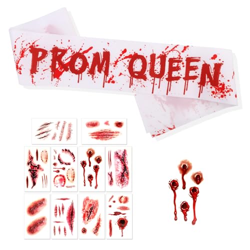 HOWAF 1pcs Halloween Zombie Prom Queen Sash with 10 Sheets Halloween Bloody Temporary Tattoos, Bloody Splattered Prom Queen Sash Fake Scar Body Tattoos for Hallows' Eve Party Zombie Costume Cosplay