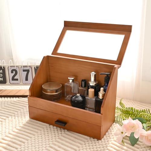 Cologne Organizer for Men, Pine Wood Bathroom Vanity Organizer Countertop, Desk Organizers with Drawer, 2 Tier Perfume Stand Holder, Men Jewelry Box, Ideal Gift for Him Dad Boyfriend