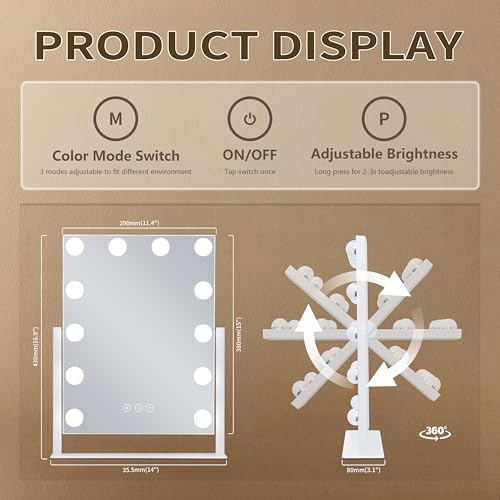 Vanity Makeup Mirror with Lights,3 Color Lighting Modes Detachable 10X Magnification Mirror Touch Control,360¡ÆRotation, White (14.6Inch)