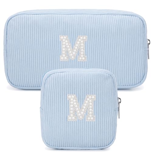 Meisohua 2 Pieces Personalized Initial Makeup Bag Set for Girls Women Cosmetic Pouch Corduroy Travel Toiletry Bag Organizer Storage Purse Pouch - Blue M