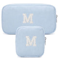 Meisohua 2 Pieces Personalized Initial Makeup Bag Set for Girls Women Cosmetic Pouch Corduroy Travel Toiletry Bag Organizer Storage Purse Pouch - Blue M