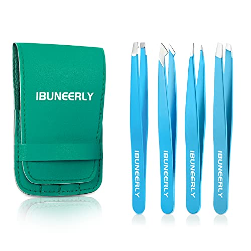 Eyebrows Tweezers Set, 4Pcs Stainless Steel Tweezers for Women with Travel Case, Great Precision for Ingrown Hair, Facial Hair and Splinter Removal