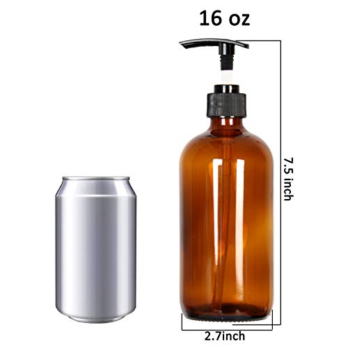 Youngever 6 Pack Empty Amber Glass Pump Bottles, 6 Pack 16 Ounce Pump Bottles, Soap Dispenser, Refillable Containers