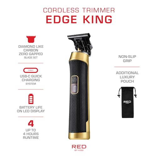 Red by Kiss Edge King Cordless Trimmer, Zero-Gapped DLC Blade for Precision Detailing, USB-C Quick Charge, Up to 4 Hours Runtime, Luxury Pouch, Blades Cover & Cleaning Supplies Included