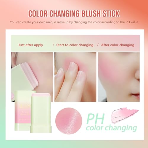 PH Color Changing Blush Stick, Multi-purpose Makeup Hydrating Blush Stick PH-Sensitive Color-Changing Lip Tint, Long-Lasting 24 Hours (1# Shy Pink, 0.6 Oz)