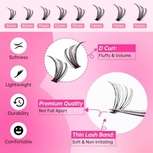 Lash Extension Kit, 320pcs DIY Eyelash Extension Kit 9-16mm Mix, 30D 40D Curl Individual Lash Clusters with Bond, Seal, Remover and Tweezers