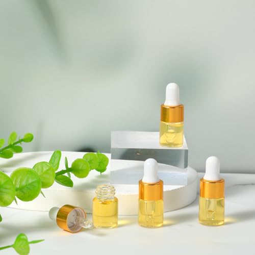 100 Pcs Mini Glass Oil Dropper Bottle Bulk, 2 ml Gold Clear Essential Small Empty Bottles Sample Containers Perfume Liquid Vials with Cap for Traveling