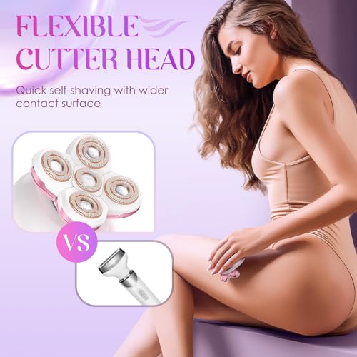 Electric Razors for Women - Painless Body Shavers for Sensitive Skin - 4 in 1 Cordless Lady Trimmer for Women's Leg, Bikini and Face - Waterproof Wet/Dry Remover, Rechargeable, Cherry