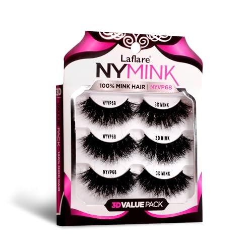 Laflare 100% Real Mink Lashes, 3D NY Mink Eyelashes, Hand-Rowing Natural Long Wispy False Lashes for Luxury Makeup, Natural, Light,Trendy, Reusable (NY68, VALUE PACK)