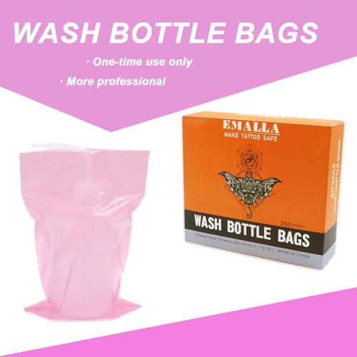 250pcs Tattoo Bottles Bags£¨Pink£© with 3pcs Wash Bottles£¨Pink£© 250ml Disposable Squeeze Watering Tool Sleeves Water Spray Covers for Tattoo Supplies