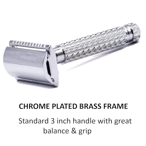 Parker 94R ¡°Hefty¡± Double-Edge Safety Razor with Standard-Length Handle + 5 Premium Blades ? Chrome-Plated Brass, Three-Piece Design, Balanced Weight for Classic Wet Shaving