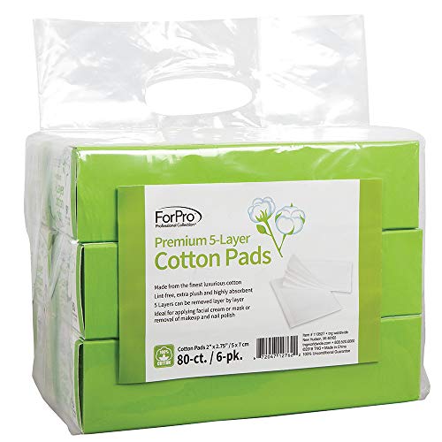 ForPro Professional Collection Premium 5-Layer 100% Cotton Pads for Cosmetic Application and Product Removal, 2" x 2.75", White, 80-Count (Pack of 6)