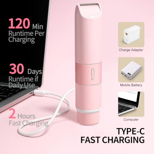 Bikini Trimmer for Women - 2 in 1 Painless Electric Razors for Women, IPX7 Waterproof Rechargeable LED Dual Head Electric Shaver for Lady Bikini Underarm, Body, Leg, Face Hair Remove (Light Pink)